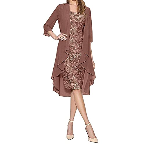 Ansenesna Kleid Damen Festlich Hochzeit Knielang Elegant Abendkleider Frauen Ärmellos Kleider und Spitze Cardigan Zweiteilig (Braun, L) von Ansenesna