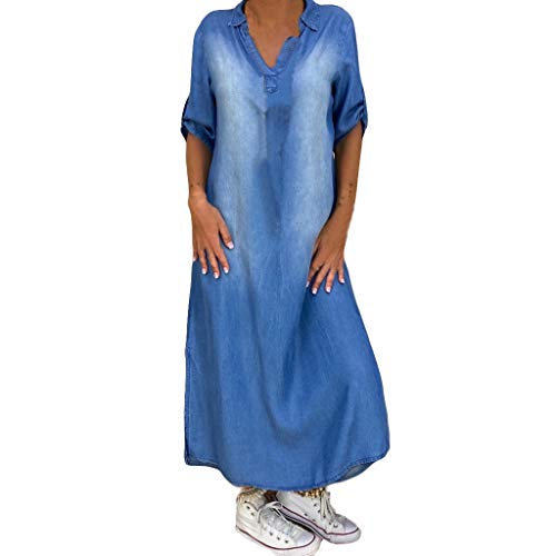 Ansenesna Kleid Damen Jeans Sommer Lang mit Schlitz Elegant Kleider Frauen V Ausschnitt Kurzarm Denim Sommerkleider Hemdkleid (Blau,M) von Ansenesna