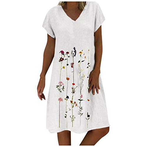 Ansenesna Kleid Damen Leinen Baumwolle Sommer Blumen Knielang Elegant Leichte Sommerkleider Frauen V Ausschnitt A Linie Kurzarm Leinenkleider Große Größen Kleider (Weiss,XXL) von Ansenesna