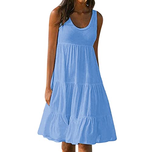 Ansenesna Kleid Damen Sommer A Linie Knielang Elegant Mini Strandkleid Mädchen Ärmellos Sommerkleider Für Party Strand (M, Blau 2) von Ansenesna