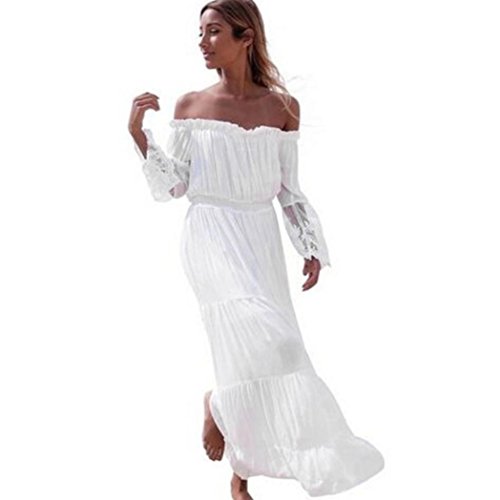 Ansenesna Kleid Damen Sommer Chiffon Lang Mit Langarm Elegant Strandkleid Off Shoulder Rückenfrei Party Strand Sommerkleider Weiß (S, Weiss) von Ansenesna