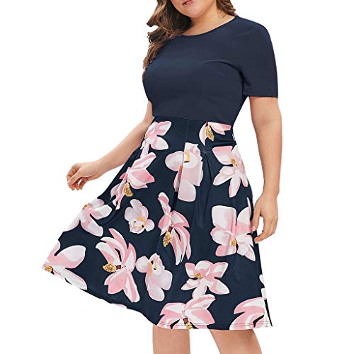 Ansenesna Kleid Damen Sommer Große Größen Blumen Knielang Elegant Kleider Für Mollige Frauen A Linie Kurzarm Mini Sommerkleider (Marineblau,XXXXL) von Ansenesna