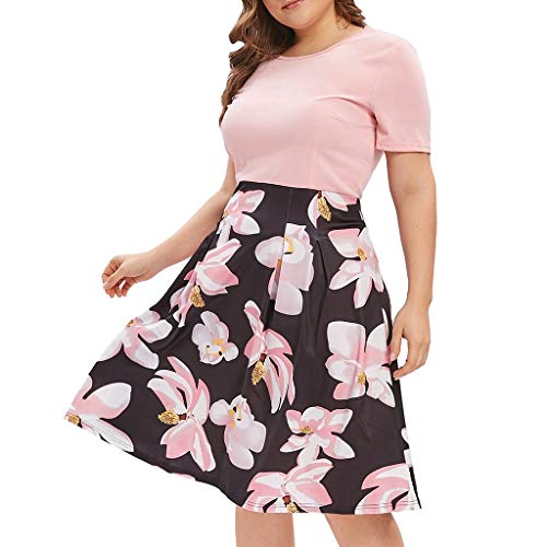 Ansenesna Kleid Damen Sommer Große Größen Blumen Knielang Elegant Kleider Für Mollige Frauen A Linie Kurzarm Mini Sommerkleider (Rosa,XXXXL) von Ansenesna