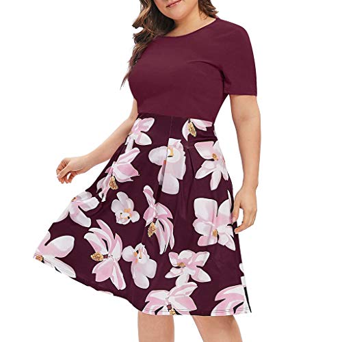 Ansenesna Kleid Damen Sommer Große Größen Blumen Knielang Elegant Kleider Für Mollige Frauen A Linie Kurzarm Mini Sommerkleider (Weinrot,L) von Ansenesna