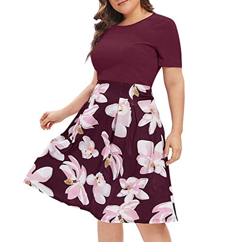 Ansenesna Kleid Damen Sommer Große Größen Blumen Knielang Elegant Kleider Für Mollige Frauen A Linie Kurzarm Mini Sommerkleider (Weinrot,XXXL) von Ansenesna