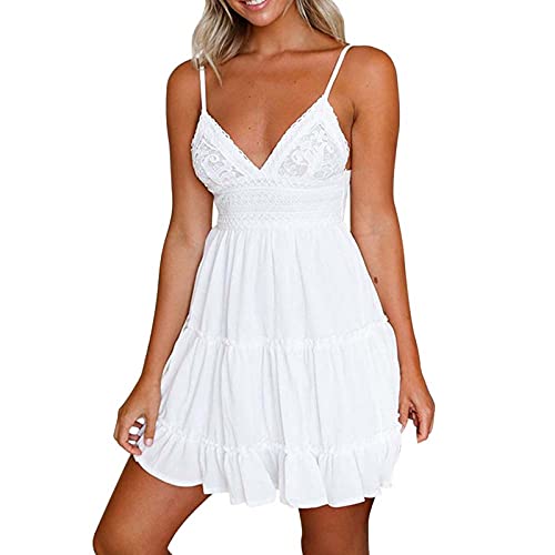 Ansenesna Kleid Damen Sommer Kurz Spitze Elegant Abendkleid Mädchen Rückenfrei Träger Carmen Ausschnitt Für Party Festlich Hochzeit A Linie (S, Weiss) von Ansenesna