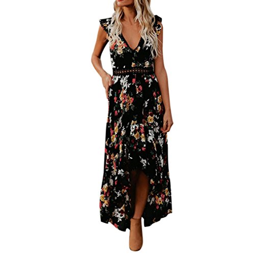 Ansenesna Kleid Damen Sommer Lang Blumen Kleider Vorne Kurz Hinten Lang Damen Asymmetrisch V Ausschnitt Hochzeitsgäste (M, Schwarz) von Ansenesna