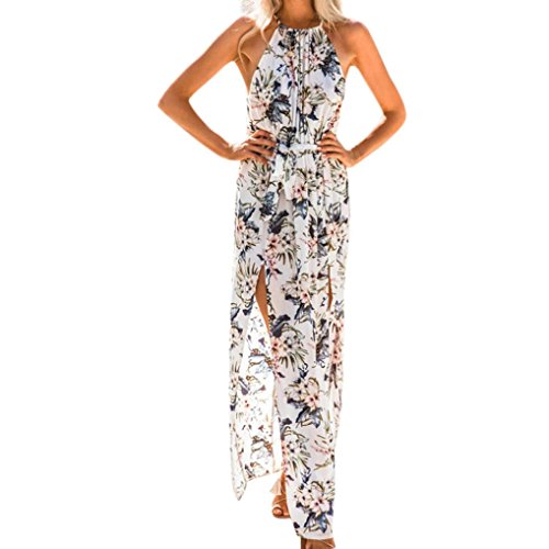 Ansenesna Kleid Damen Sommer Lang Mit Schlitz Blumen Boho Maxi Strandkleid Frauen Neckholder Party Strand Partykleid (Weiss, l) von Ansenesna