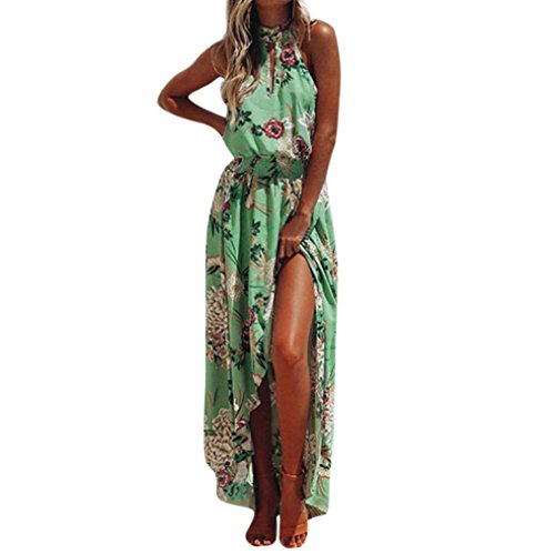 Ansenesna Kleid Damen Sommer Lang Mit Schlitz Boho Blumen Elegant Strandkleid Neckholder Vorne Kurz Hinten Lang Asymmetrisch Partykleid (XXL, Grün, xx_l) von Ansenesna