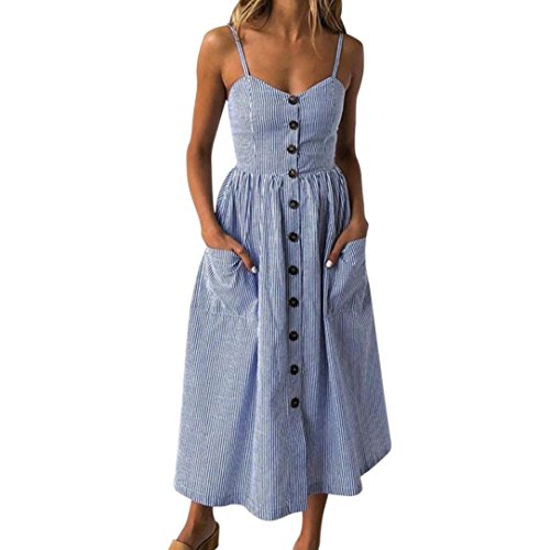 Ansenesna Kleid Damen Sommer Vintage Blau Weiß Gestreift Elegant Partykleid Mädchen Lang Träger V Ausschnitt Sommerkleid (S, Blau) von Ansenesna