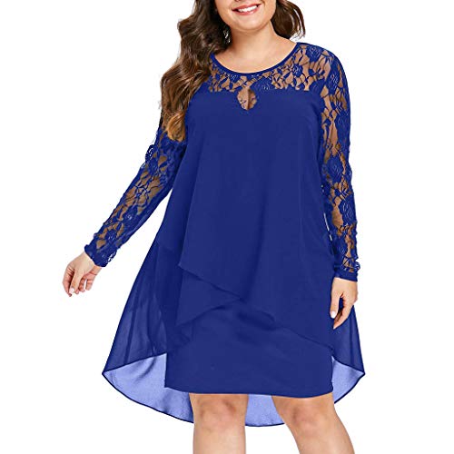 Ansenesna Kleid Festlich Damen Große Größen Asymmetrisch Elegant Abendkleider Für Mollige Frauen Knielang Mit Ärmel Spitze Cocktailkleid Chiffon Vokuhila Party Abschlussball Kleider (Blau,XL) von Ansenesna