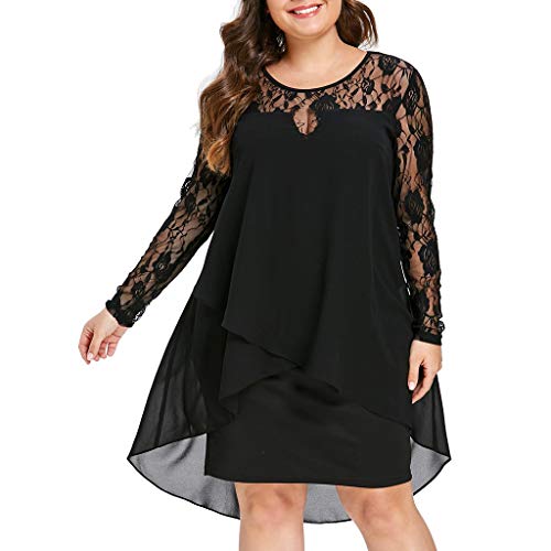 Ansenesna Kleid Festlich Damen Große Größen Asymmetrisch Elegant Abendkleider Für Mollige Frauen Knielang Mit Ärmel Spitze Cocktailkleid Chiffon Vokuhila Party Abschlussball Kleider (Schwarz,XXXL) von Ansenesna