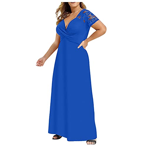 Ansenesna Kleid Große Größen Damen Lang Sommer Elegant Abendkleid Für Mollige Frauen V Ausschnitt Spitze Ärmel Maxikleid Partykleider (Blau,XXXL) von Ansenesna