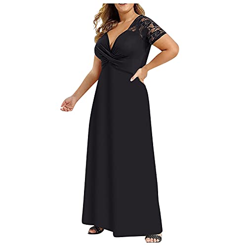Ansenesna Kleid Große Größen Damen Lang Sommer Elegant Abendkleid Für Mollige Frauen V Ausschnitt Spitze Ärmel Maxikleid Partykleider (Schwarz,XXL) von Ansenesna