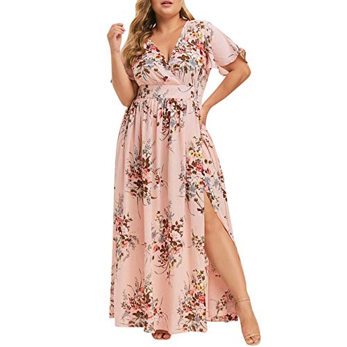 Ansenesna Kleid Große Größen Damen Sommer Blumen Lang Elegant Sommerkleid Für Mollige Frauen V Ausschnitt Kurzarm Kleider Leichte Sommerkleider von Ansenesna