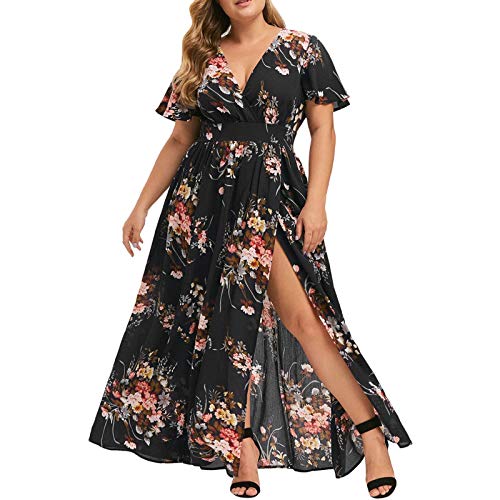 Ansenesna Kleid Große Größen Damen Sommer Blumen Lang Elegant Sommerkleid Für Mollige Frauen V Ausschnitt Kurzarm Kleider Leichte Sommerkleider von Ansenesna