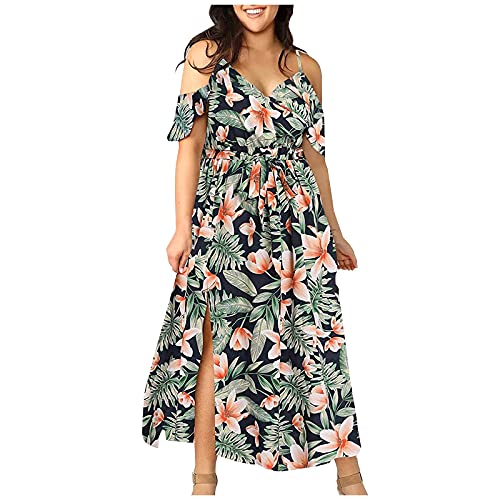 Ansenesna Kleid Große Größen Damen mit Schlitz Lang Elegant Sommerkleid Für Mollige Frauen Kurzarm Kleider Sommer V Ausschnitt Träger Leichte Sommerkleider von Ansenesna