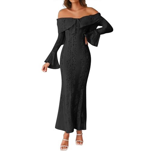 Ansenesna Kleid Hochzeitsgast Damen Langarm Abendkleid Lang mit Ärmel Spitze Ballkleid Frauen Schulterfrei Festliche Kleider Für Hochzeit Schicke Abschlusskleid Off Shoulder Curvy Partykleid von Ansenesna