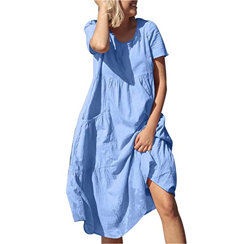 Ansenesna Kleid Leinen Damen A Linie Knielang Baggy Kleider Sommer Elegant Sommerkleid mit Taschen Leinenkleid Frauen Kurzarm Sommerkleider Leichte Strandkleid von Ansenesna