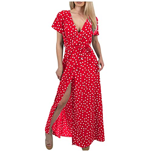 Ansenesna Kleid Mit Schlitz Damen Lang Punkte Kleid V Ausschnitt Sommer Elegant Sommerkleid Maxi Frauen Vintage Sommerkleider mit Gürtel Kurzarm Kleider Leicht Strandkleid von Ansenesna