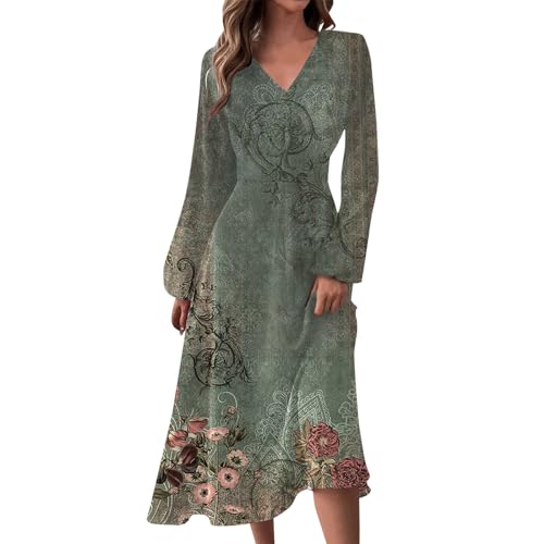 Ansenesna Kleider Damen Langarm Herbstkleid Damen Midi Elegant V Ausschnitt Midikleid Blumen A Linie Vintage Damenkleider Frauen Hohe Taille Schwingen Kleid Herbst Blumenkleid von Ansenesna