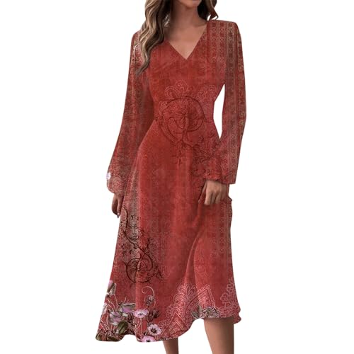 Ansenesna Kleider Damen Langarm Herbstkleid Damen Midi Elegant V Ausschnitt Midikleid Blumen A Linie Vintage Damenkleider Frauen Hohe Taille Schwingen Kleid Herbst Blumenkleid von Ansenesna