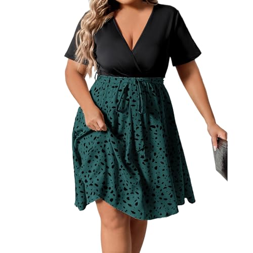 Ansenesna Kleider Damen Sommer Große Größen Sommerkleid Damen Kurz Elegant Kleid Für Dicke Frauen A Linie V Ausschnitt Sommerkleider mit Ärmel Strandkleid Für Mollige Damenkleider mit Gürtel von Ansenesna