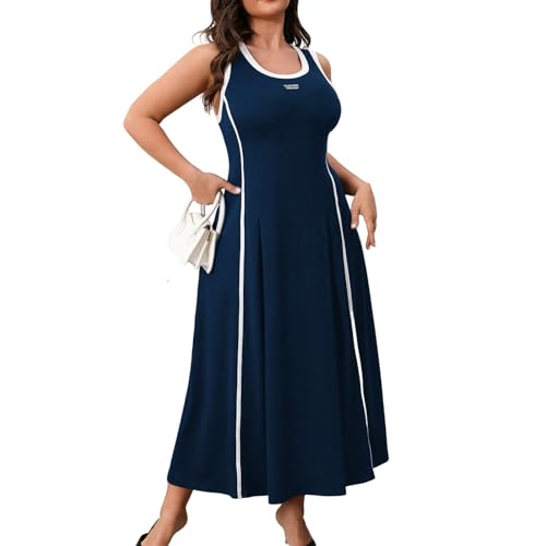 Ansenesna Kleider Damen Sommer Große Größen Sommerkleid Damen Lang Elegant Kleid Für Mollige Frauen A Linie Ärmellos Sommerkleider Tailliert Plissee Maxikleider Für Dicke Damenkleider von Ansenesna