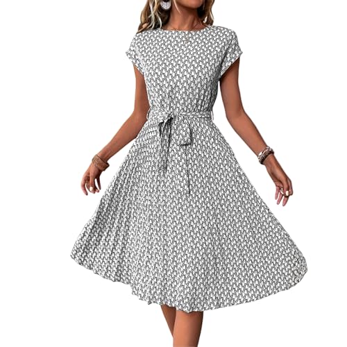 Ansenesna Kleider Damen Sommer Knielang Elegant Sommerkleider Damen Leicht Und Luftig A Linien Kleid mit Gürtel Strandkleid Frauen Luftig Geblümt Sommerkleid Plissee Schick Plisseekleid von Ansenesna