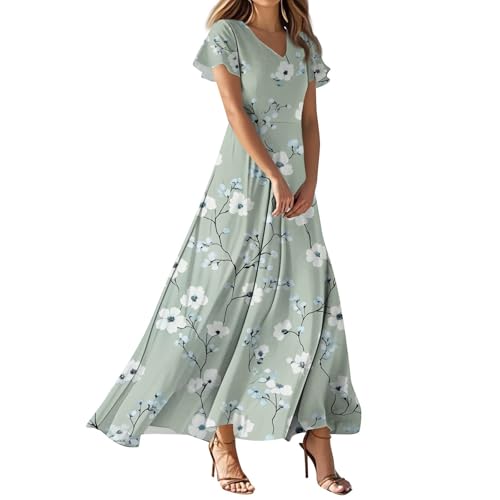 Ansenesna Kleider Damen Sommer Lang Elegant Sommerkleider Damen Leicht Und Luftig A Linien Kleid Maxi Blumen Maxikleider Frauen V Ausschnitt Casual Sommerkleid Schick Luftige Damenkleider von Ansenesna
