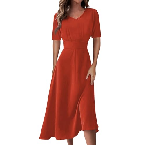 Ansenesna Kleider Damen V Ausschnitt Sommerkleid Damen Leicht Elegant Midi Kleid A Linie Wadenlang Midikleid Frauen Kurzarm Einfarbig Damenkleider Plissee Luftige Sommerkleider von Ansenesna