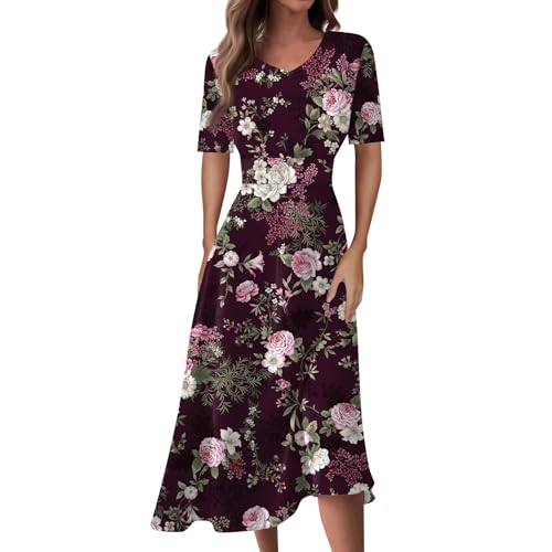 Ansenesna Kleider Damen V Ausschnitt Vintage Sommerkleid Damen Blumen Leicht Elegant Luftige Sommerkleider Wadenlang A Linie Midi Kleid Frauen Kurzarm Strandkleid Plissee Damenkleider von Ansenesna