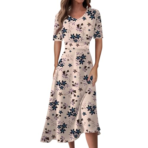 Ansenesna Kleider Damen V Ausschnitt Vintage Sommerkleid Damen Blumen Leicht Elegant Luftige Sommerkleider Wadenlang A Linie Midi Kleid Frauen Kurzarm Strandkleid Plissee Damenkleider von Ansenesna