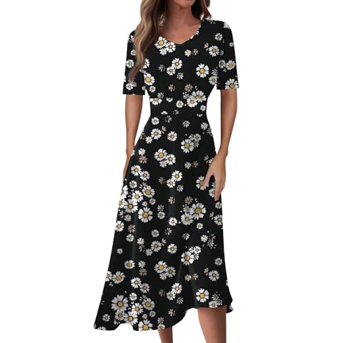 Ansenesna Kleider Damen V Ausschnitt Vintage Sommerkleid Damen Blumen Leicht Elegant Luftige Sommerkleider Wadenlang A Linie Midi Kleid Frauen Kurzarm Strandkleid Plissee Damenkleider von Ansenesna