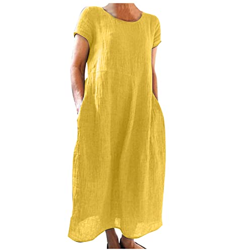 Ansenesna Kleider Leinen Damen Sommer Lang Kleid mit Taschen Elegant Leichte Sommerkleid Frauen Kurzarm Baggy Sommerkleider Einfarbig Leinenkleid von Ansenesna