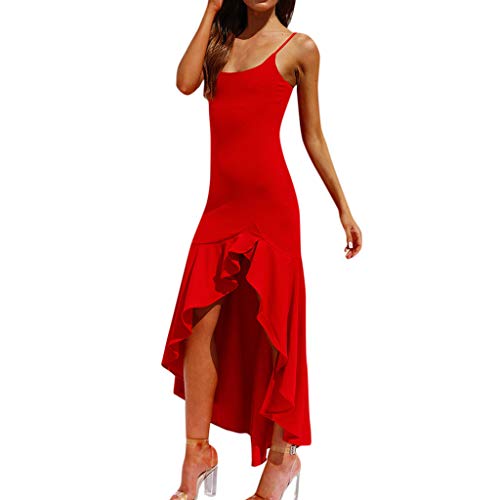 Ansenesna Kleider Sommer Damen Lang Mit Schlitz Elegant Cocktailkleid Rückenfrei Träger Vorne Kurz Hinten Lang Asymmetrisch Partykleid (L, Rot) von Ansenesna