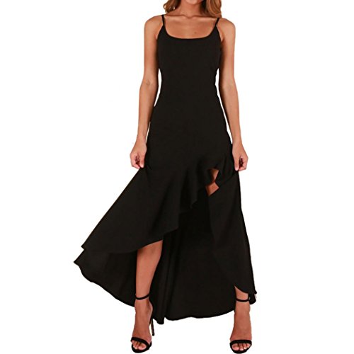 Ansenesna Kleider Sommer Damen Lang Mit Schlitz Elegant Cocktailkleid Rückenfrei Träger Vorne Kurz Hinten Lang Asymmetrisch Partykleid (L, Schwarz) von Ansenesna