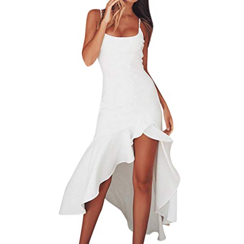 Ansenesna Kleider Sommer Damen Lang Mit Schlitz Elegant Cocktailkleid Rückenfrei Träger Vorne Kurz Hinten Lang Asymmetrisch Partykleid (S, Weiss) von Ansenesna