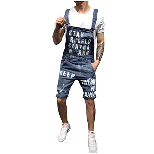 Ansenesna Latzhose Herren Jeans Zerrissen Löcher Kurz Jumpsuit Männer Sommer Destroyed Risse Ripped Streetwear Denim Overall Hose (Dunkelblau,M) von Ansenesna