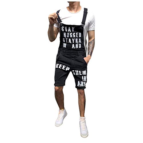 Ansenesna Latzhose Herren Jeans Zerrissen Löcher Kurz Jumpsuit Männer Sommer Destroyed Risse Ripped Streetwear Denim Overall Hose (Schwarz,XL) von Ansenesna