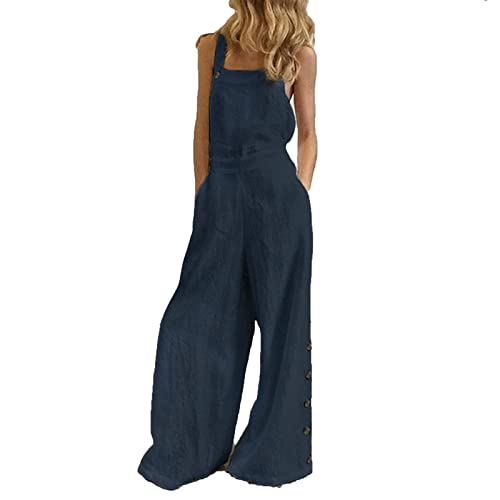 Ansenesna Latzhose Jumpsuit Damen Leinen Sommer Lang Jumpsuit Elegant Weites Bein Jumpsuits Onesie Frauen Rückenfrei Kuschelig Overall Baggy Dünn Casual Playsuit von Ansenesna