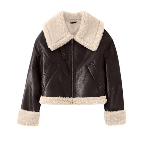 Ansenesna Lederjacke Damen Kurz Braun Winterjacke Warm Gefüttert Jacke Winter Leder Mantel Frauen Fellkragen Wintermantel Ohne Kapuze Ledermantel Mit Fell Dicke Damen-Jacken mit Reissverschluss von Ansenesna