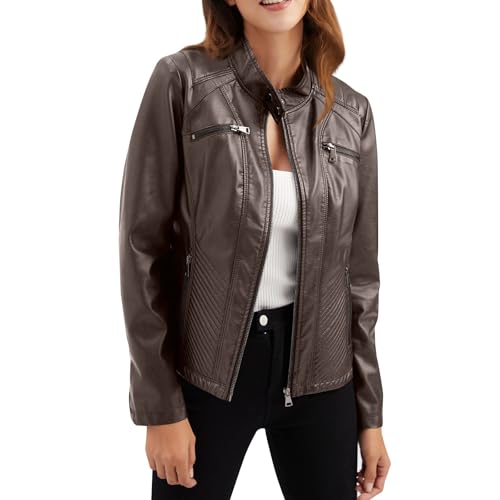 Ansenesna Lederjacke Damen Kurz Winter Winterjacke Damen Leder Elegant Wintermantel Reissverschluss Stehkragen Damen-Jacken Lederoptik Slim Mantel Frauen Reißverschlußtaschen Damenmantel von Ansenesna