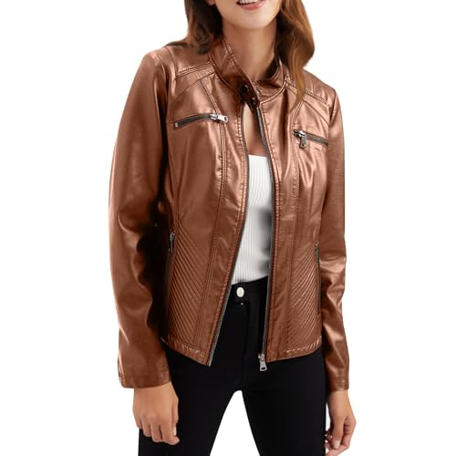 Ansenesna Lederjacke Damen Kurz Winter Winterjacke Damen Leder Elegant Wintermantel Reissverschluss Stehkragen Damen-Jacken Lederoptik Slim Mantel Frauen Reißverschlußtaschen Damenmantel von Ansenesna