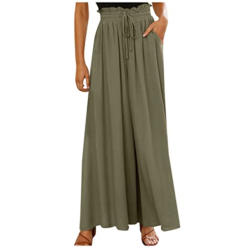 Ansenesna Leichte Sommerhose Damen High Waist Weites Bein Hose Gummibund Elegant Frauen Oversize Hosen mit Kordelzug Hoher Bund Baggy Freizeithose Einfarbig von Ansenesna