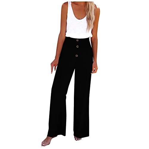 Ansenesna Leichte Sommerhose Mit Gummizug Damen Lang Einfarbig Hoher Bund Hose Elegant Weites Bein Hosen Frauen High Waist Gummibund Freizeithose Gerades Bein Hose Locker von Ansenesna