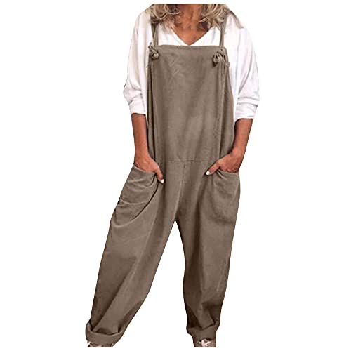 Ansenesna Leinen Jumpsuit Damen Mit Taschen Sommer Lang Elegant Latzhose Frauen Weites Bein Locker Einfarbig Overall (Khaki,M) von Ansenesna