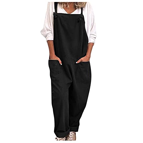 Ansenesna Leinen Jumpsuit Damen Mit Taschen Sommer Lang Elegant Latzhose Frauen Weites Bein Locker Einfarbig Overall (Schwarz,M) von Ansenesna