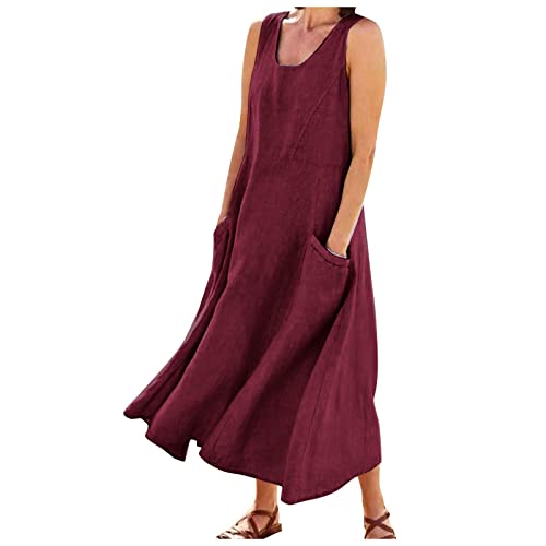 Ansenesna Leinenkleider, Maxikleider Damen Sommer Leinen Lange Sommerkleid Damen Elegant Ärmellos Luftige Sommerkleider Einfarbig Frauen Baggy Kleider Lang Elegante Damenkleider Leichte Strandkleid von Ansenesna