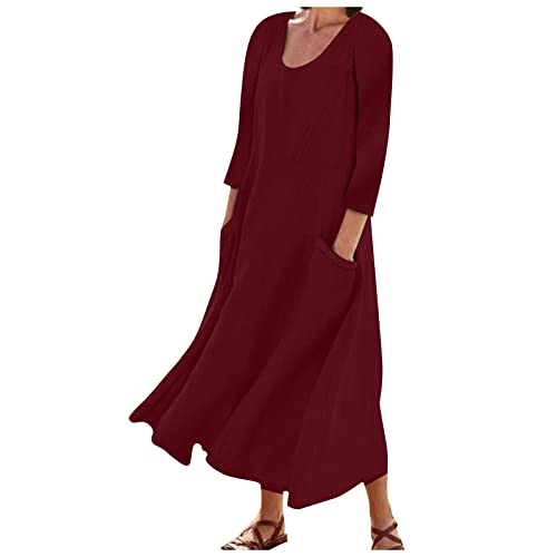 Ansenesna Leinenkleider, Maxikleider Damen Sommer Leinen Lange Sommerkleid Damen Elegant Lang Luftige Sommerkleider mit Taschen Frauen Baggy Kleider 3/4 Ärmeln Elegante Damenkleider Leichte Kleid von Ansenesna